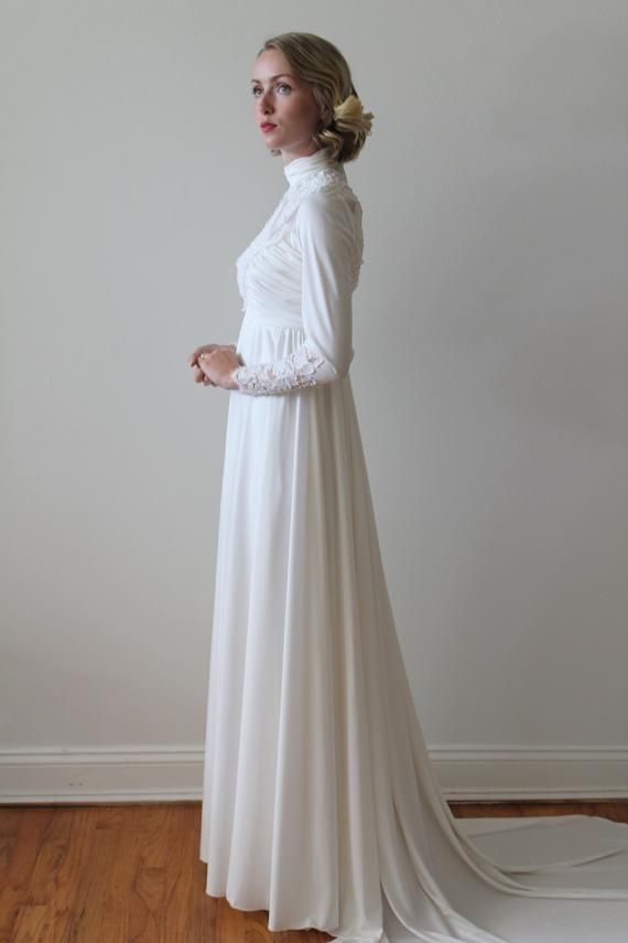 Vintage 1970s Long Sleeved Empire Waist Bridal Gown with