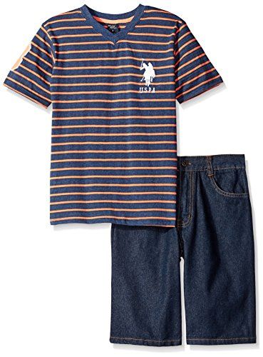 Polo Assn U.S Baby Boys Striped V-Neck T-Shirt and Denim Short Set