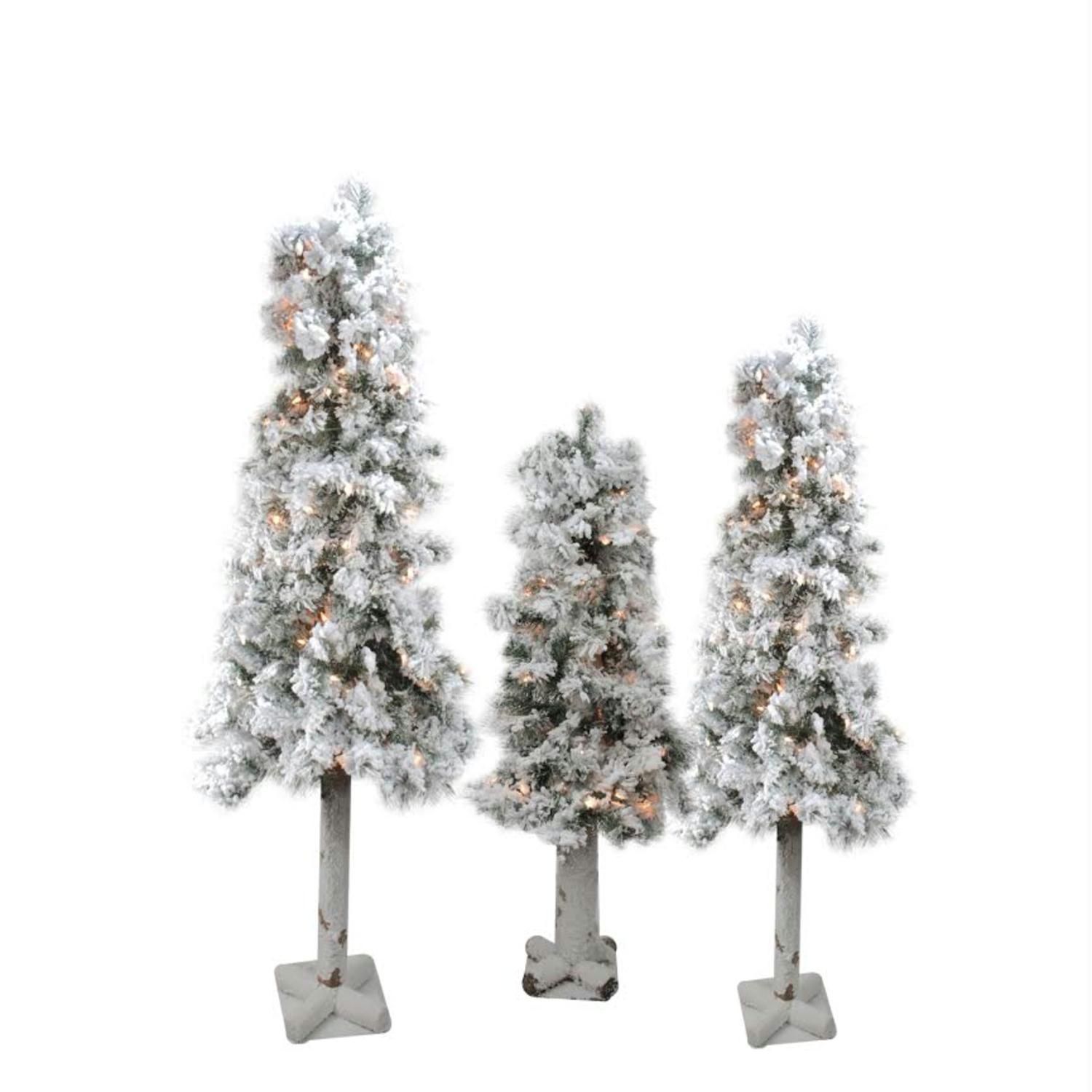 Set Of 3 Pre Lit Flocked Woodland Alpine Artificial Christmas Trees Set Of 3 Pre Lit Flocked Woodland Alpine Artificial Christmas Trees