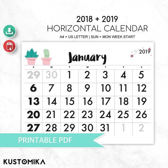 2018 + 2019 Calendario Horizontal Cactus (en inglés ... 2018 + 2019 Calendario Horizontal Cactus (en inglés ...