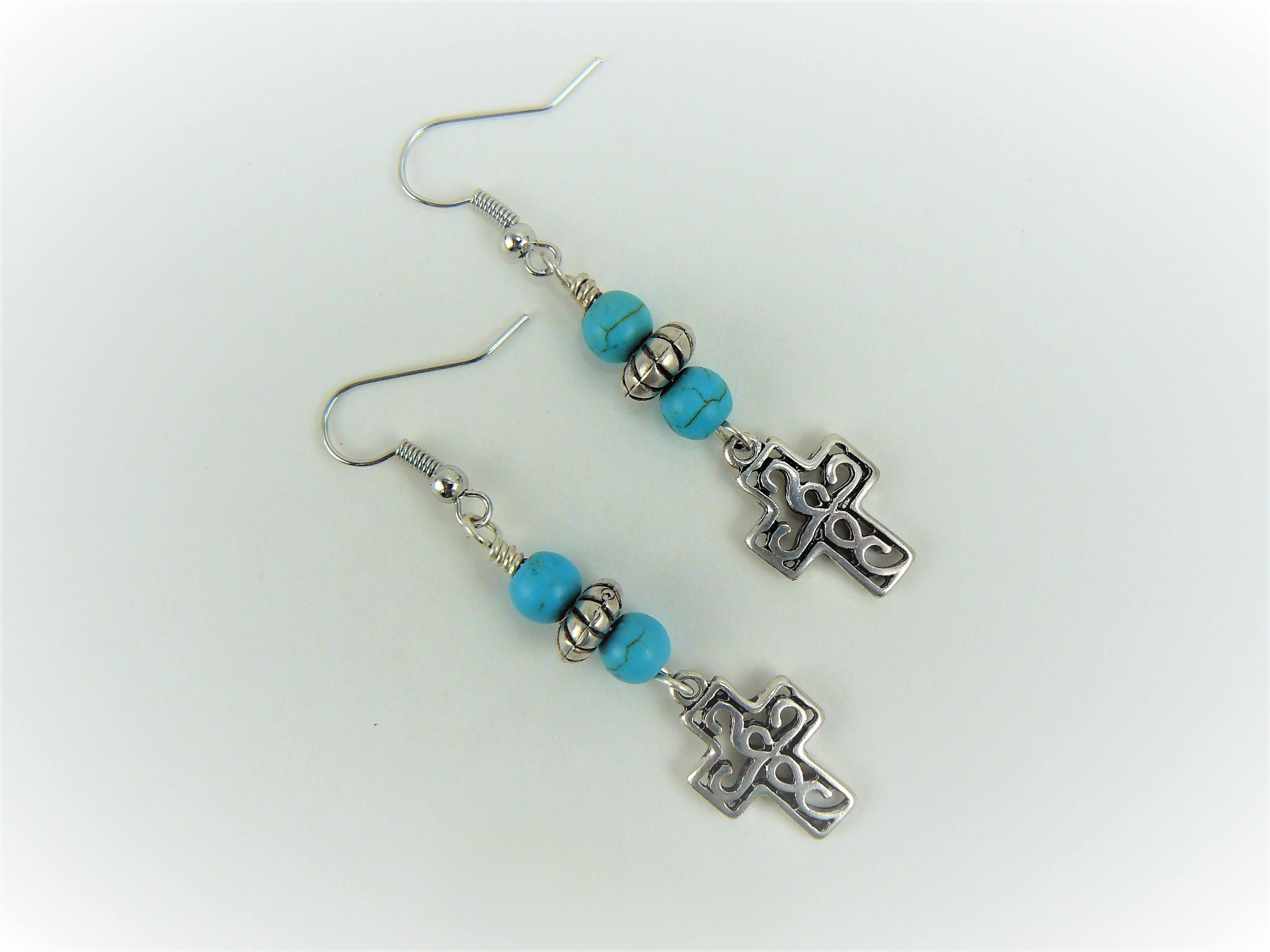 Silver Cross Earrings Turquoise Dangle Silver Cross Earrings Turquoise Dangle Boho Drop