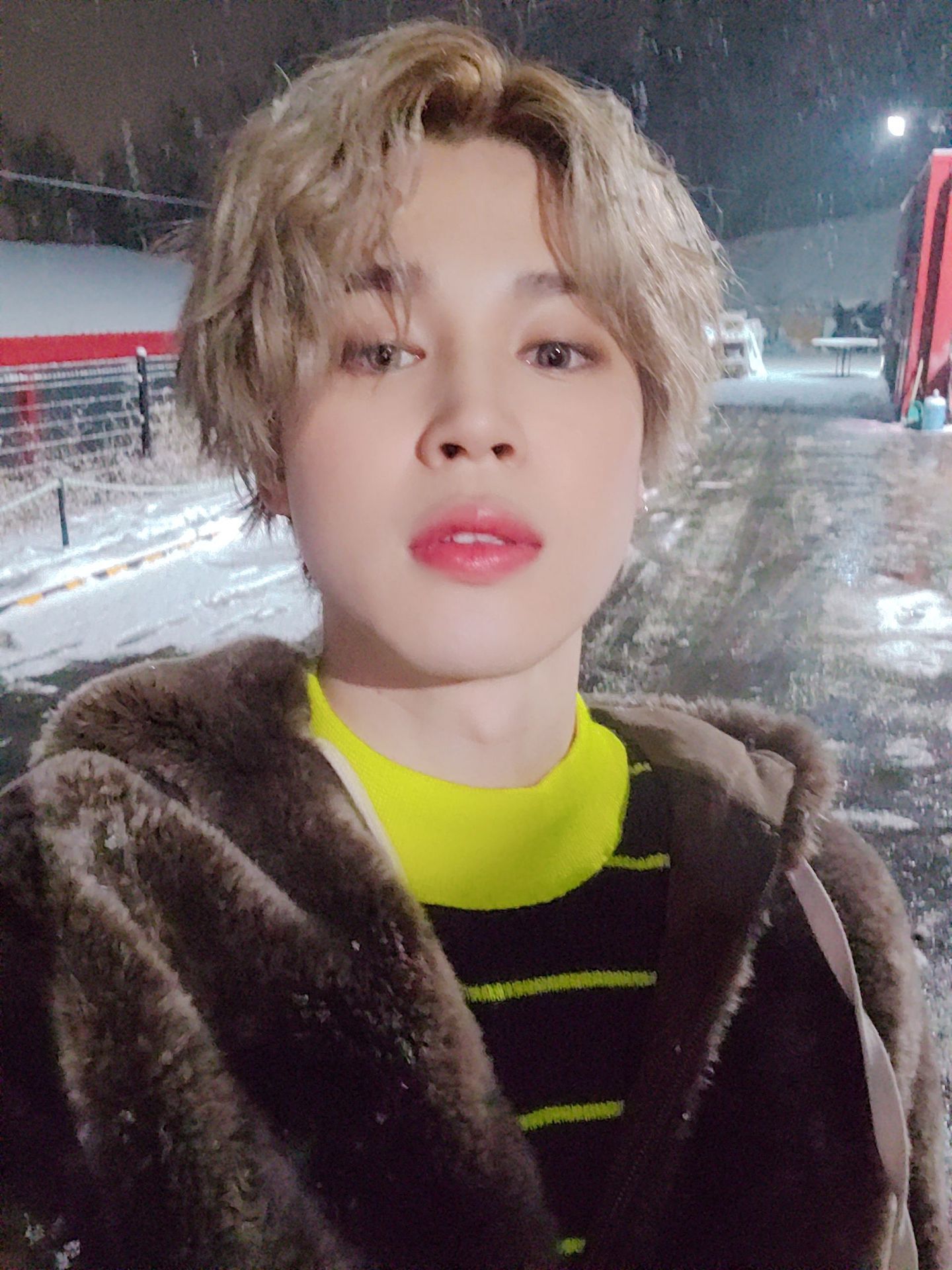 A Person Standing In Front Of A Bus On A Snowy Road With Snow Falling A Person Standing In Front Of A Bus On A Snowy Road With Snow Falling