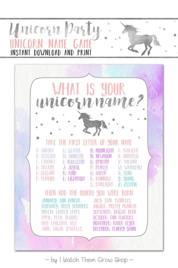 silver unicorn name game printable unicorn party game what is your