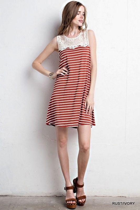 Burnt Orange White Striped Dress with Lace - Longhorn Fashions Lace ...