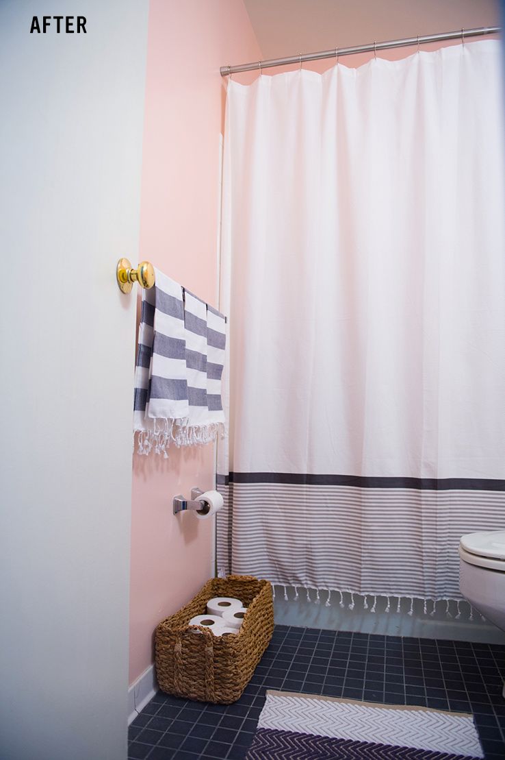 Al Bathroom Makeover Tips By Meg Biram Featuring Striped Hand Al Bathroom Makeover Tips By Meg Biram Featuring Striped Hand Towels Bathmat Stripe Border Shower Curtain From West Elm