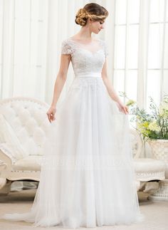 A-Line/Princess Scoop Neck Sweep Train Tulle Lace Wedding Dress With Beading Sequins (002052783) - JJsHouse