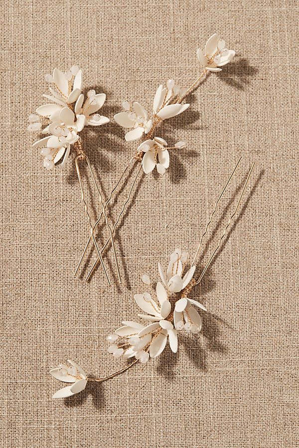 *Part of a special collection from BHLDN. For the full assortment, visit BHLDN.com.* This trio of enameled hair pins offers a fresh take on bridal florals.Only available at BHLDN Boho Hair Pins, Bride Hair Pins, Floral Hair Pins, Wedding Hair Clips, Flower Hair Pieces, Flower Hair Pin, Flowers In Hair, Bridesmaid Hair Pieces, Wedding Hair Pieces