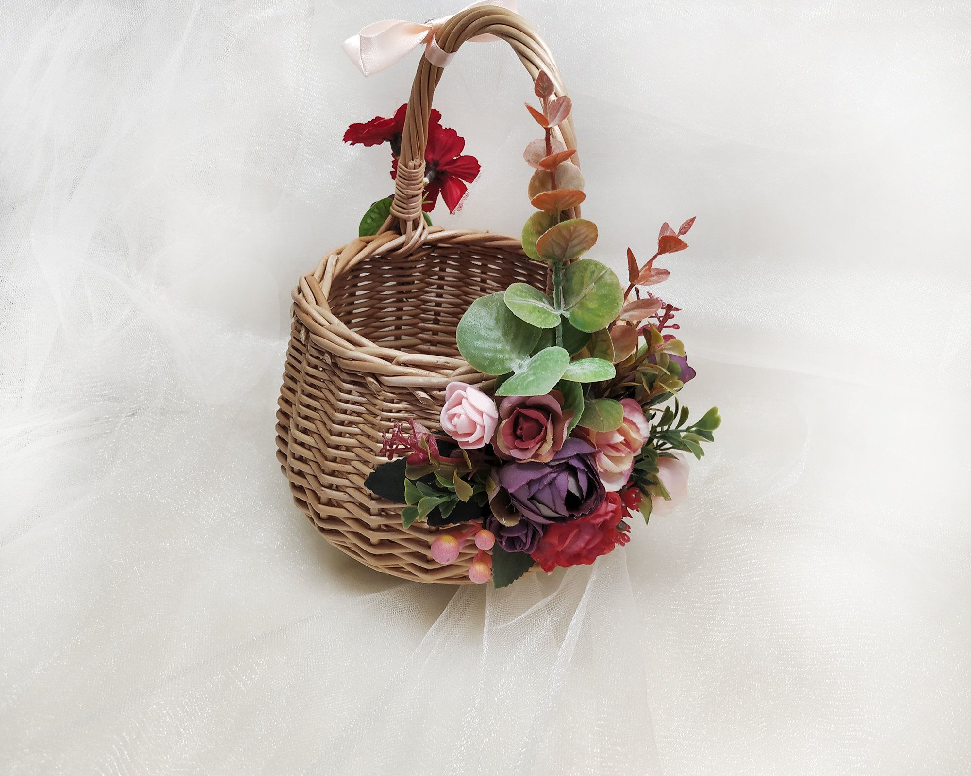 Flower Girl Basket for Petals by Ragga Wedding Wedding Basket w//Wood Handle Ivory Flower Girl Basket with Eucalyptus Greenery