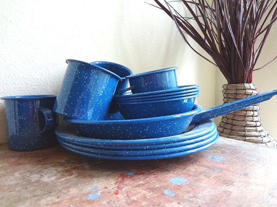 Enamel Ware Blue and White plates and cups service for 4 speckle ware camping dishes