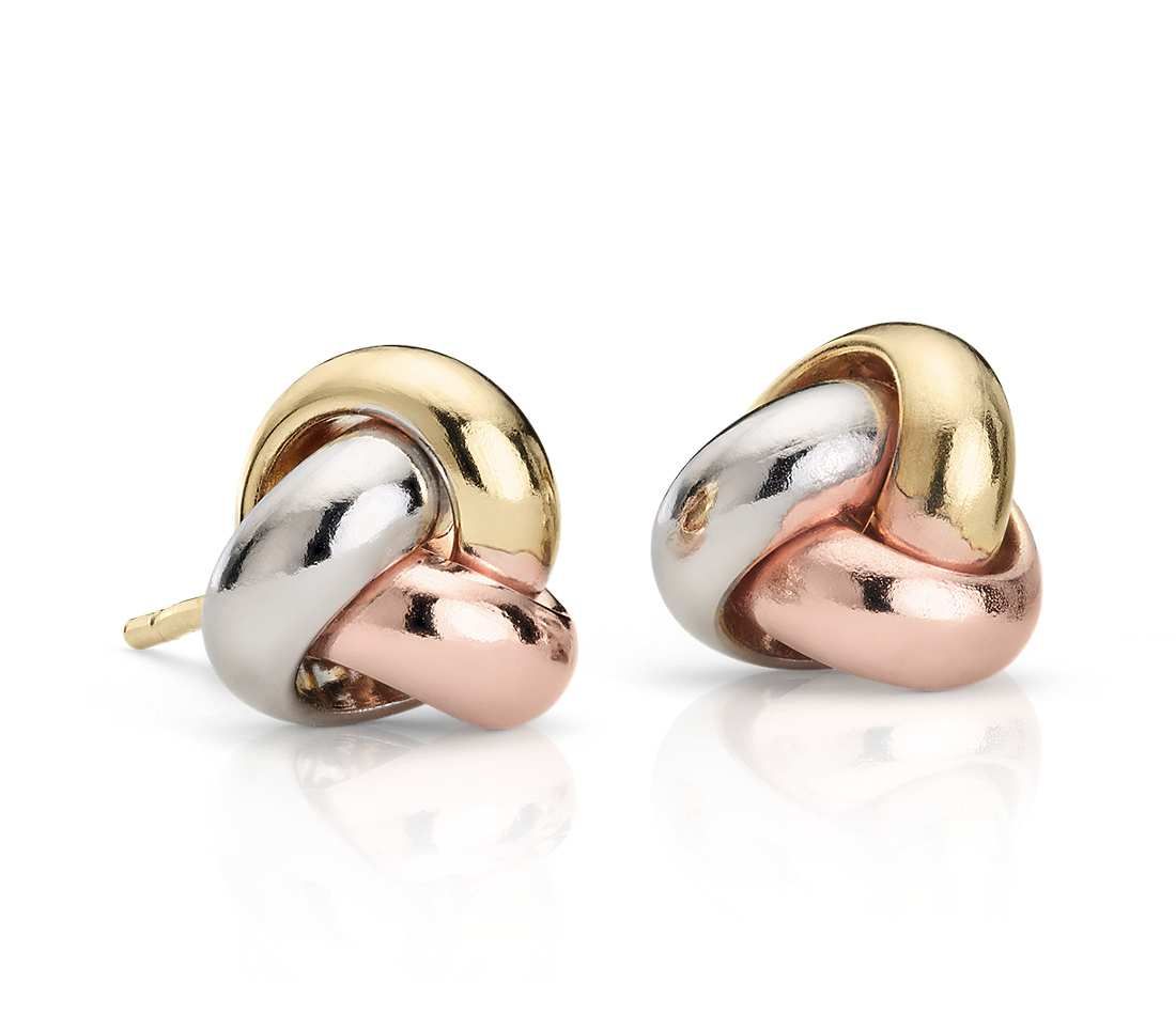 Trio Love Knot Earrings In 14k Tri Color Gold 9 5mm Blue Wear These Tricolor Love Knot Earrings With Any Look Sculpted From Hollow White Rose And Yellow Gold Links Into A Polished Pee Push