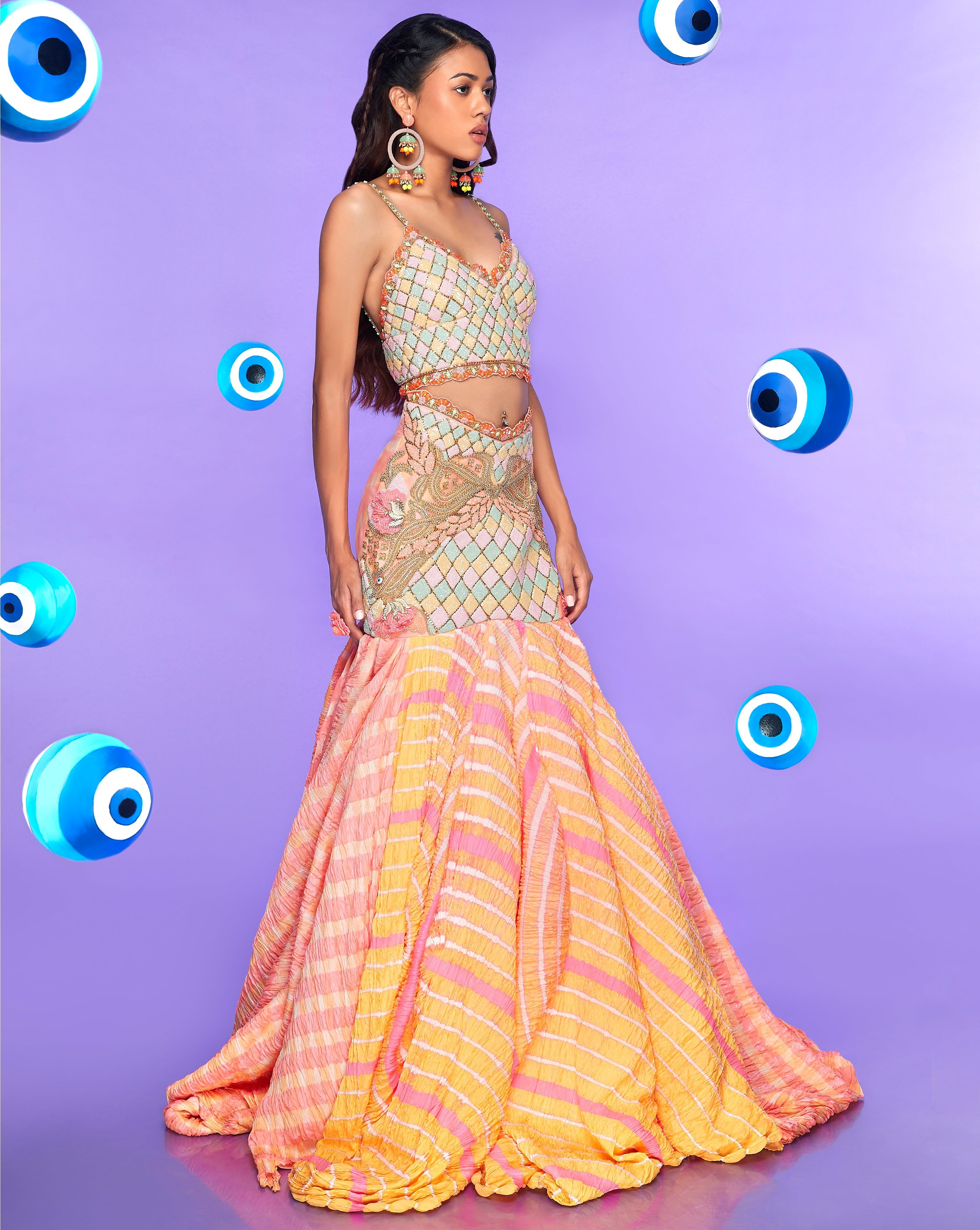 Flutter Bug | Papa Don't Preach | Panache by Sharmeen Pink And Orange, Yellow, Professional Cleaning, Preaching, Tri Color, Cut Glass, Skirt Length, Lehenga, Skirt Set