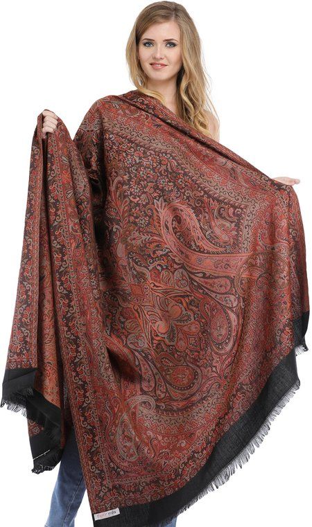 This shawl has been designed to create a product that is elegant to the point of regal. Paisleys grace the sheer wool of the fabric while the solid-colour hem serves to seal the Oriental curves. A single glance at this piece from the Exotic India collection will tell you that it would go with anything and everything - even though denim is what it would look best in! Women Accessories Jewelry, Top Styles, Fashion Branding, Hot Pink, Paisley, Topshop, Kimono Top, Bell Sleeve Top, Textiles