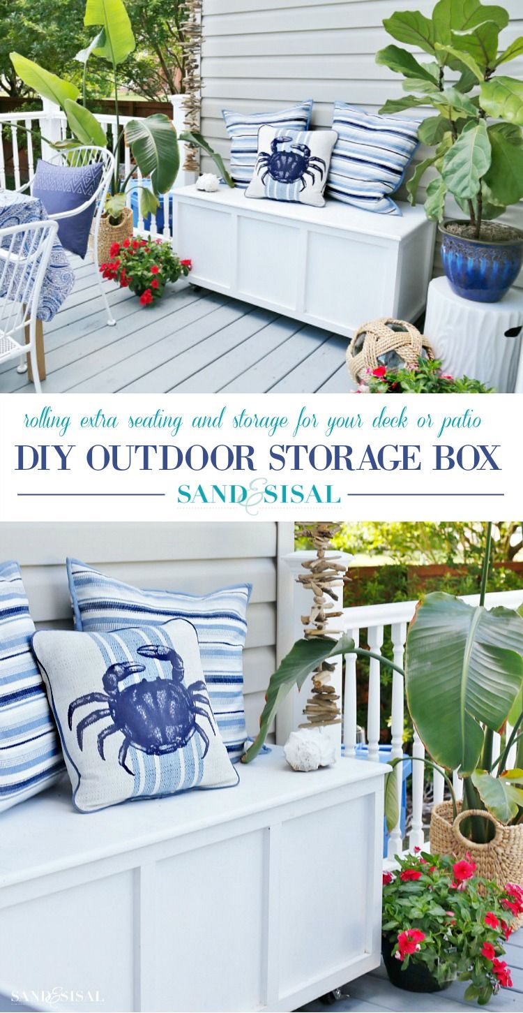 This rolling DIY Outdoor Storage Box and Bench will add extra seating and storage to your deck or patio. Full detailed plans are included. It is designed to be made out of one sheet of plywood! #diy #storagebox #storage #outdoorfurniture #outdoorliving #woodworkingplans #woodworkingprojects Patio Cushion Storage, Patio Storage Bench, Porch Storage, Diy Storage Boxes, Outside Storage, Patio Cushions, Outdoor Storage, Deck Storage Box, Outdoor Deck Box