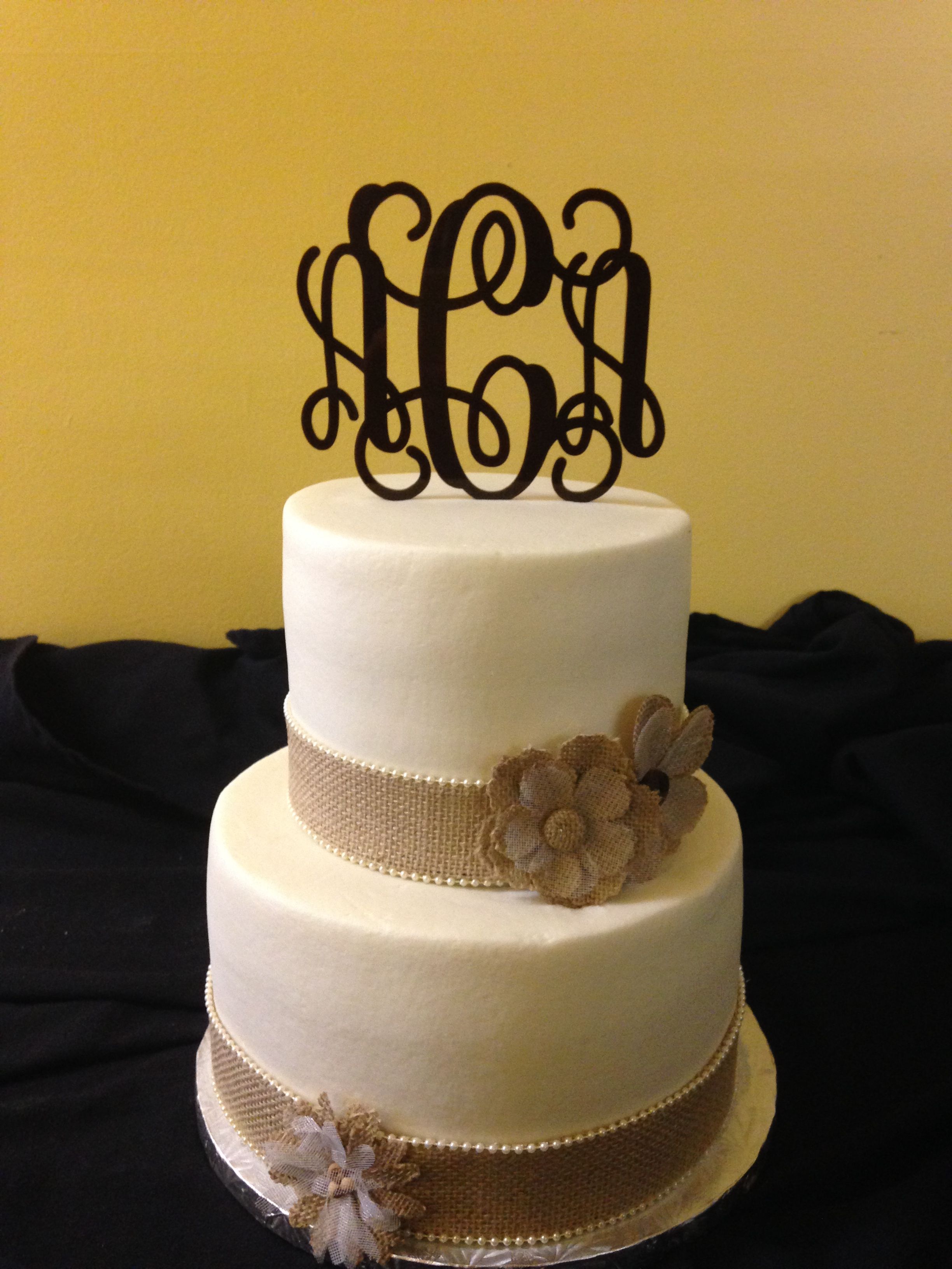 2 Tier Butter Cream Cake With Burlap Ribbon Flowers Rustic Wedding 2 Tier Butter Cream Cake With Burlap Ribbon Flowers Rustic Wedding
