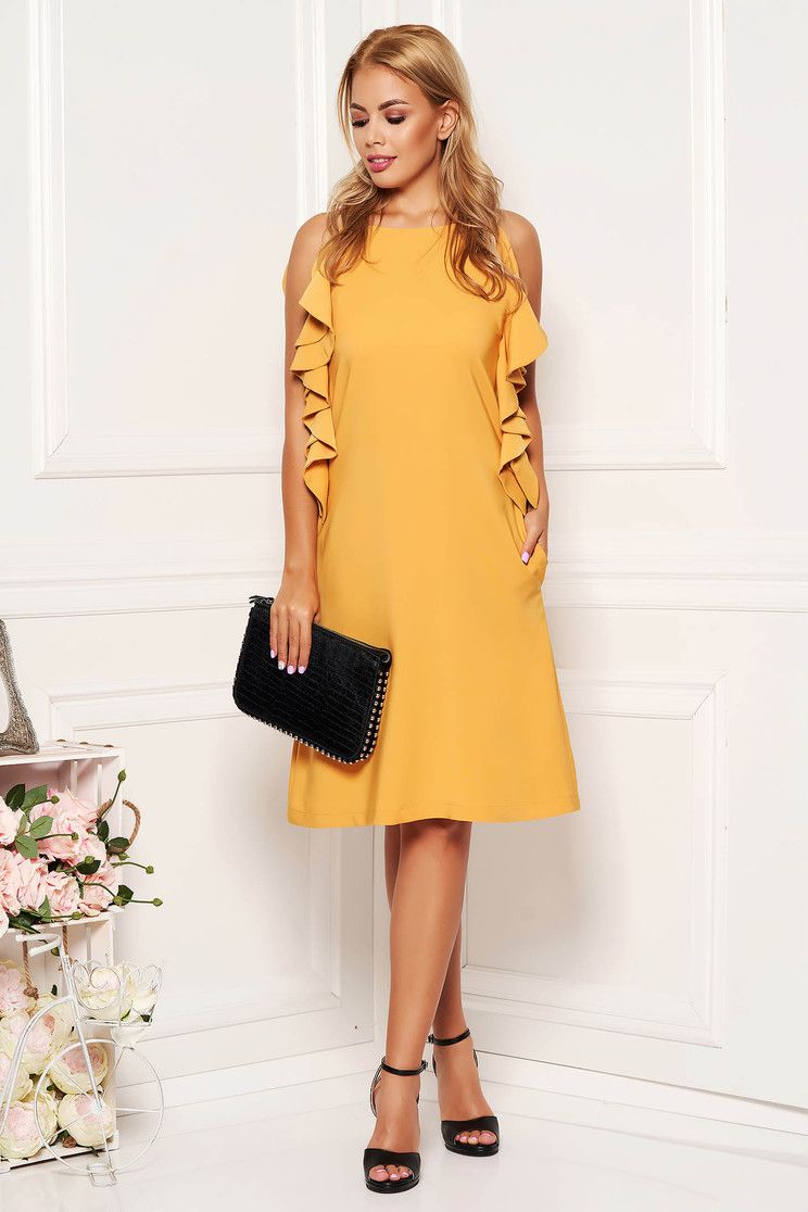 Rochie LaDonna mustarie scurta de zi cu croi in a cu buzunare cu volanase si decolteu rotunjit Cold Shoulder Dress, Satin, Dresses, Fashion, Vestidos, Moda, Fashion Styles, Dress