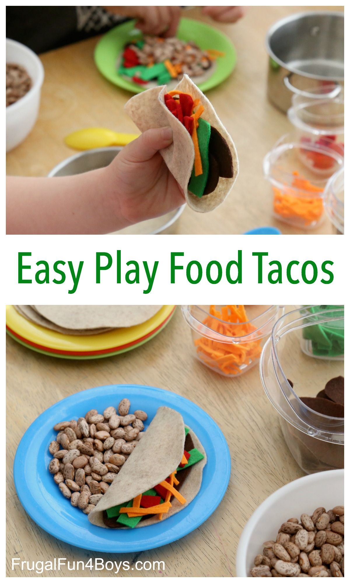 Let’s Taco ’bout these awesome EASY play food tacos! No sew, easy DIY felt play food Felt Food Diy, Felt Play Food, Felt Diy, Diy Food, Food Ideas, Play Kitchen Food, Play Food Set, Pretend Food, Play Kitchens