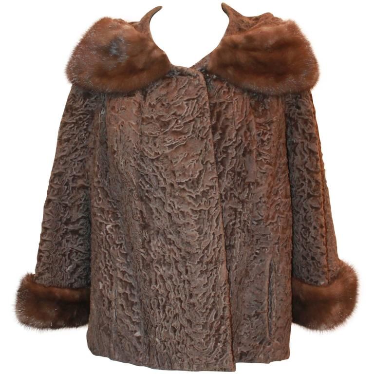 Persian Lamb Jacket with Mink Collar 1960s Astrakhan Fur Coat w Mink Collar