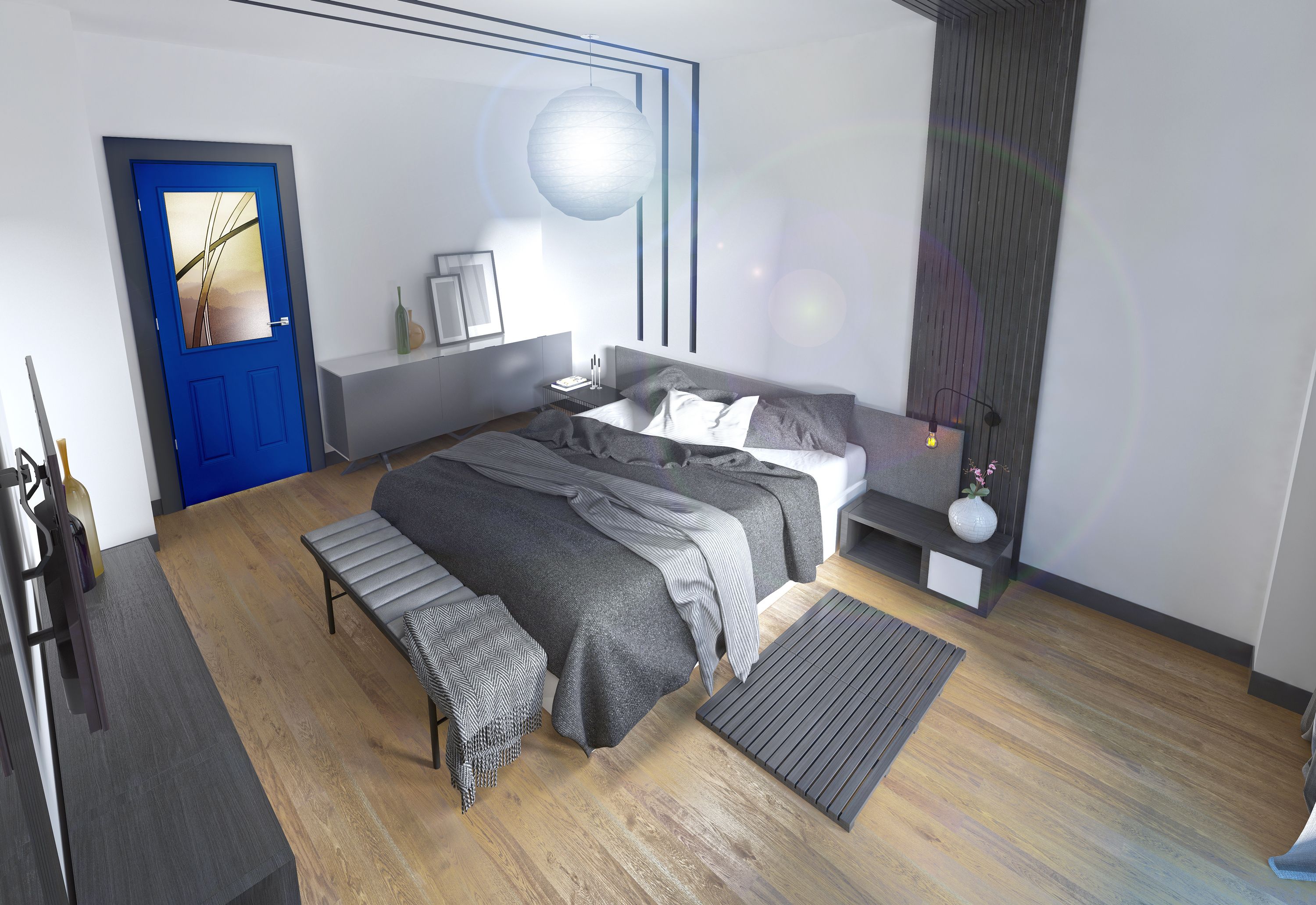 Modern Monochromatic Bedroom Featuring Hardwood Floors, Asian Inspired Lighting And Modern Monochromatic Bedroom Featuring Hardwood Floors, Asian Inspired Lighting And