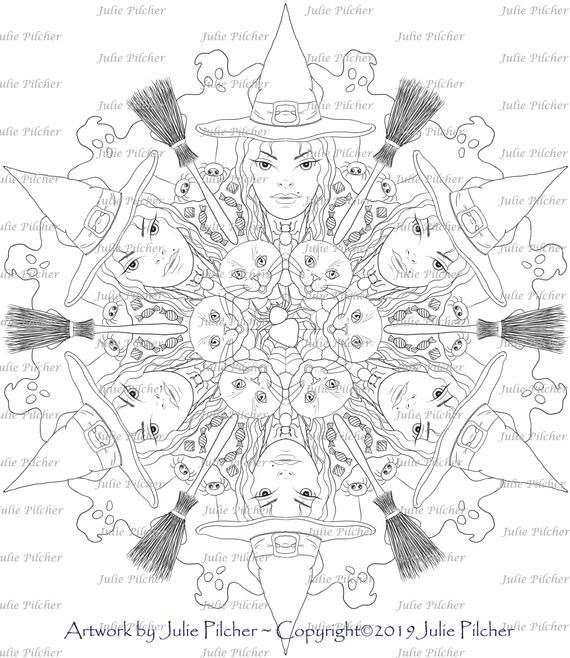 3 Hand Drawn, Fun, Halloween, Sugar Skull, Witch, Cat, Mandala's, Printable Colouring Pages, Instant Digital Download, Line Art, Digistamp
