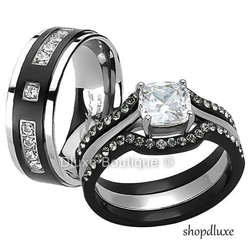His Hers 4 Pc Black Stainless Steel Anium Wedding Engagement His Hers 4 Pc Black Stainless Steel Anium Wedding Engagement Ring Band Set