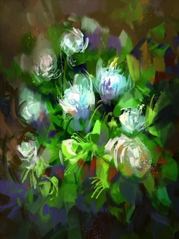 Art Print: Digital Painting Showing Bunch of White Flowers,Illustration by Tithi Luadthong : 12x9in