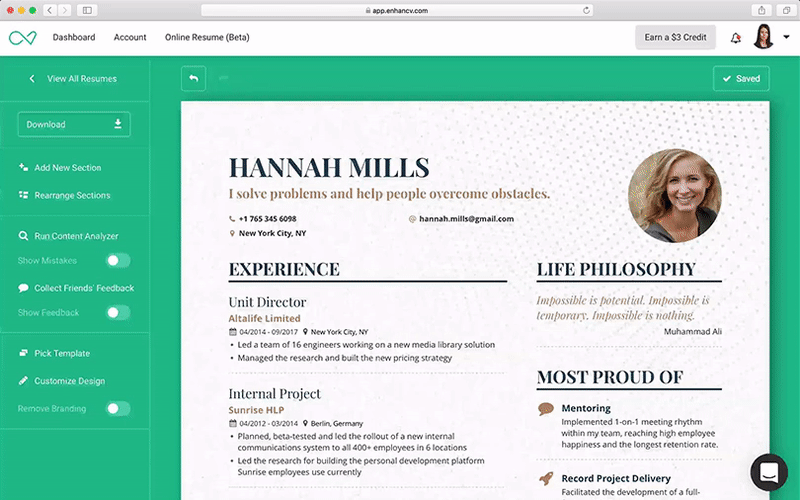 enhancv professional resume cv builder resume builder online cv builder free