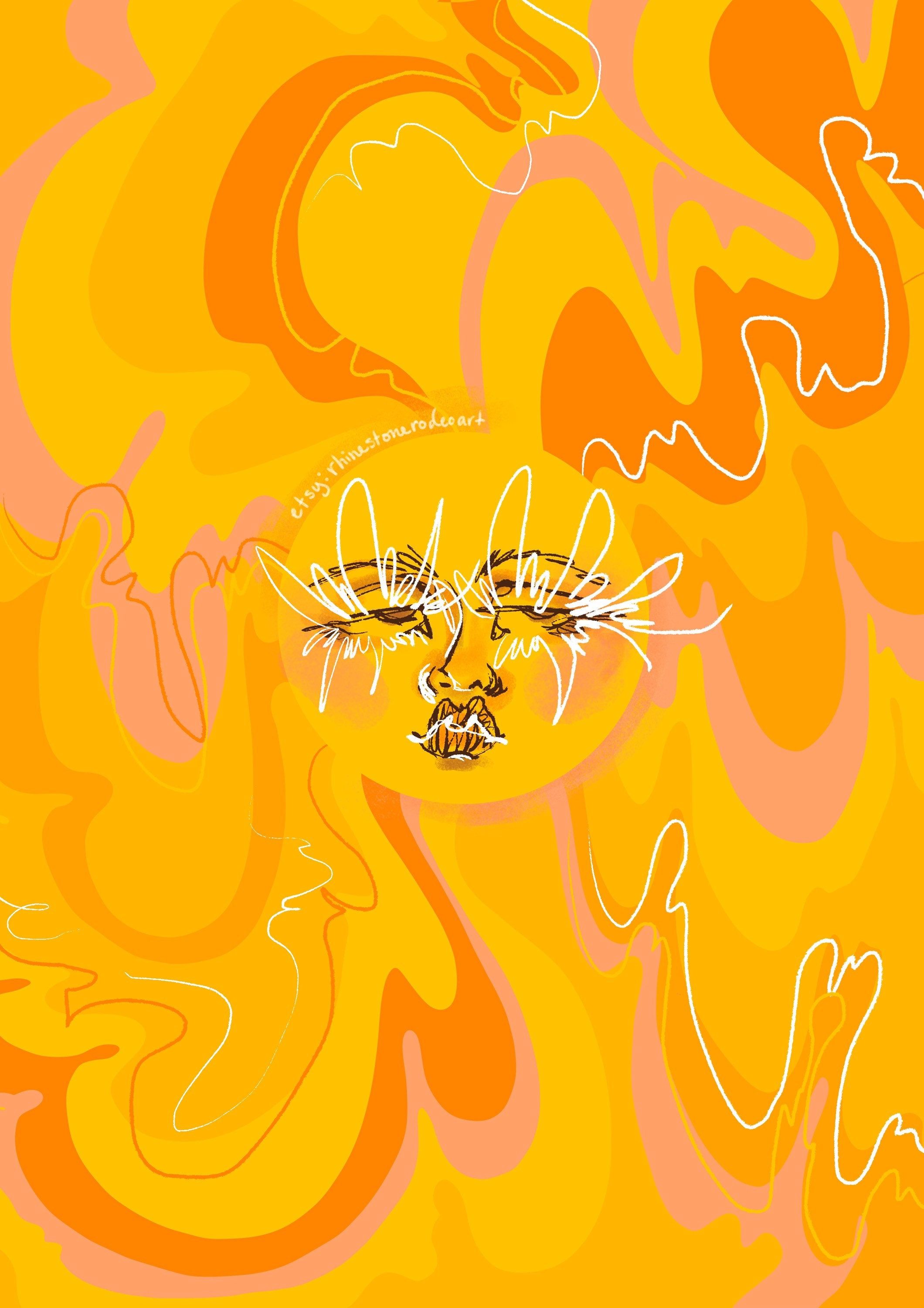 Art print of a trippy 60s/70s inspired yellow, orange, and pink sun with a face. This trippy lil sun friend is perfect for brightening up your day and your room! This is a unframed, physical art print that will be mailed to you once purchased. Printed on high quality photo paper with a glossy finish. Available in two sizes - 4x6 inches and 8x10 inches. Matching moon print available here: https://www.etsy.com/listing/829984303/trippy-purple-and-blue-60s70s-inspired?ref=shop_home_active_11&pro=1 L Art Du Collage, Collage Des Photos, Picture Collage Wall, Hippie Wallpaper, Art Wallpaper, Art Soleil, Art Jaune, Art Hippie, 60s Art