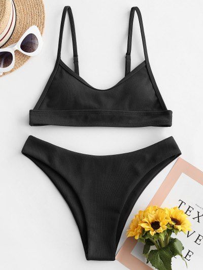 ZAFUL Ribbed High Leg Cami Bikini Swimsuit BLACK RED