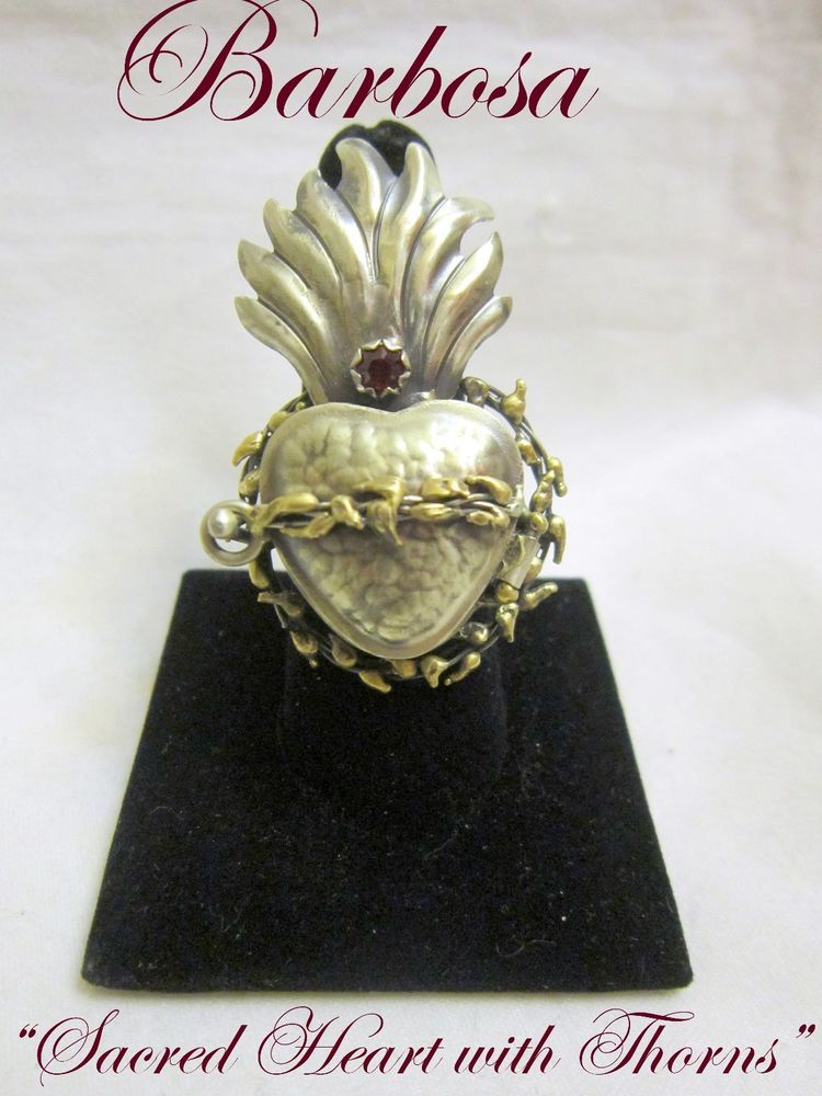 BARBOSA Flaming Sacred Heart w/Thorns LOCKET Ring