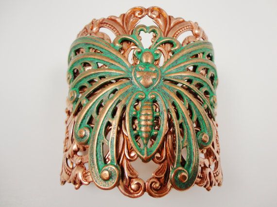 Gold Green patina rose cuff bracelet