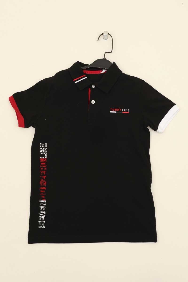 Siyah Erkek Cocuk Renkli Kol Bantli Slim Fit Polo Yaka T Shirt 10534 2020 Siyah Erkek Polo Siyah