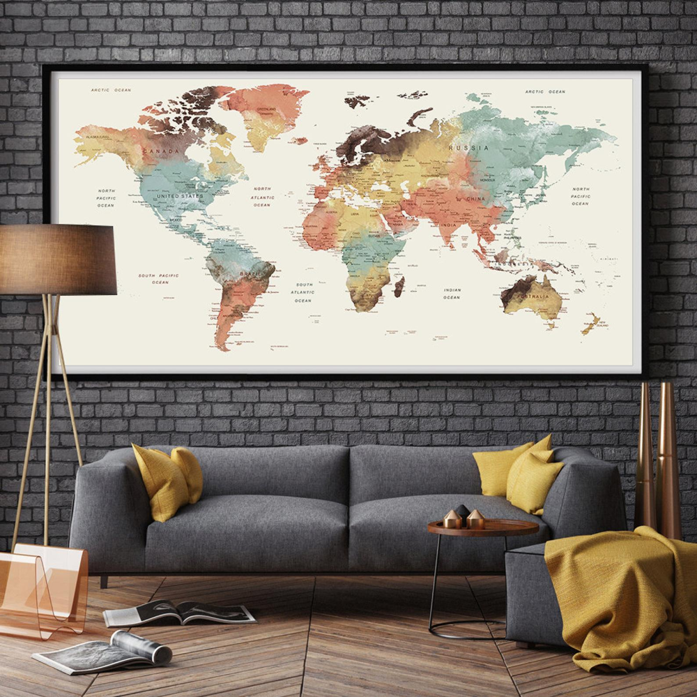 Large Wall Art World Map Push Pin Print Watercolor World Map Etsy