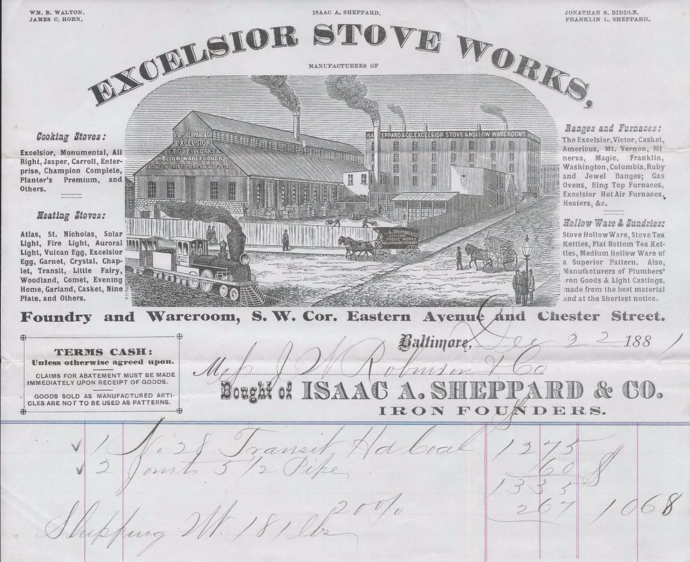 1881 baltimore md excelsior stove works billhead walton horn excelsior stove works