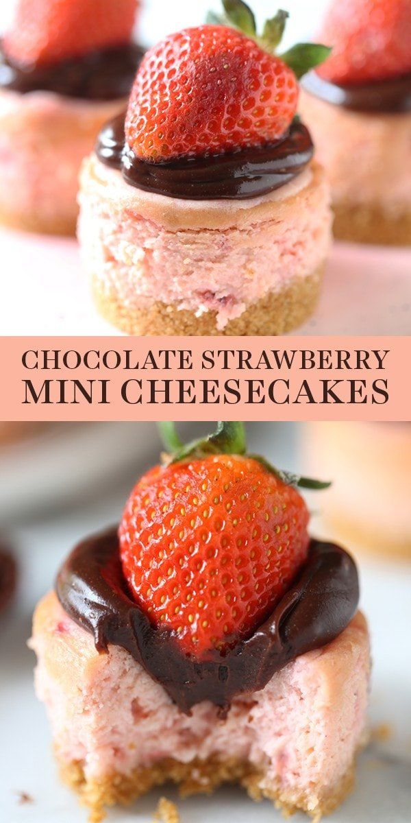 Chocolate Strawberry Mini Cheesecakes are perfectly easy, adorable, and transportable for the perfect Valentine’s Day dessert. Made with a graham cracker crust, plus they can be prepped ahead of time! This homemade, from-scratch recipe is perfect for kids, or him or her! #valentinesdaydessert #minicheesecake #strawberrycheesecake #chocolatestrawberry Valentine Desserts, Mini Desserts, Just Desserts, Delicious Desserts, Yummy Food, Dessert Healthy, Mini Cheesecakes Easy, Dessert Sushi, Mini Dessert Recipes