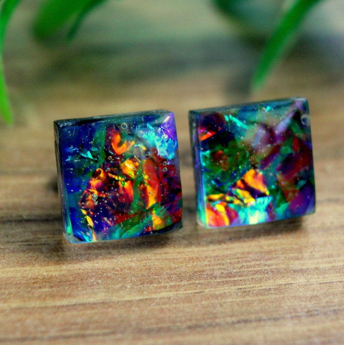 Opal imitation earrings opal stud black opal stud earrings blue opal stud earrings studs earrings iridescent opal earrings rainbow earrings