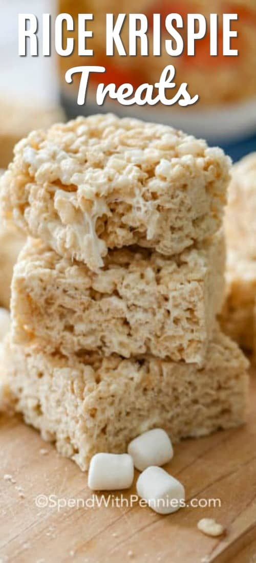 These homemade rice krispie treats couldn't be easier or more delicious. They're great for bake sales and an easy rice krispie treat recipe that kids love! #spendwithpennies #ricekrispies #ricekrispietreats #homemadericekrispietreats #ricekrispie #ricekrispiesrecipe #crispytreats