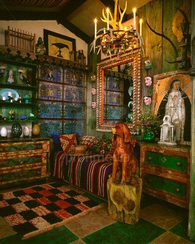 Eclectic, maximalist interior with fantastic folk art elements