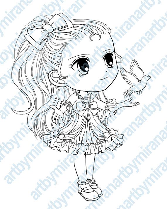 Digital Digi Stamps Big Eye Doll Coloring Page Girl With Dove For