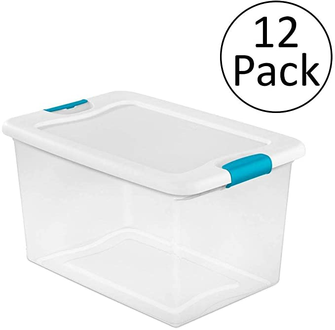 Amazon Com Sterilite 64 Quart Latching Plastic Storage Box Clear W Blue Latches 12 Pack Home Plastic Box Storage Plastic Container Storage Plastic Storage