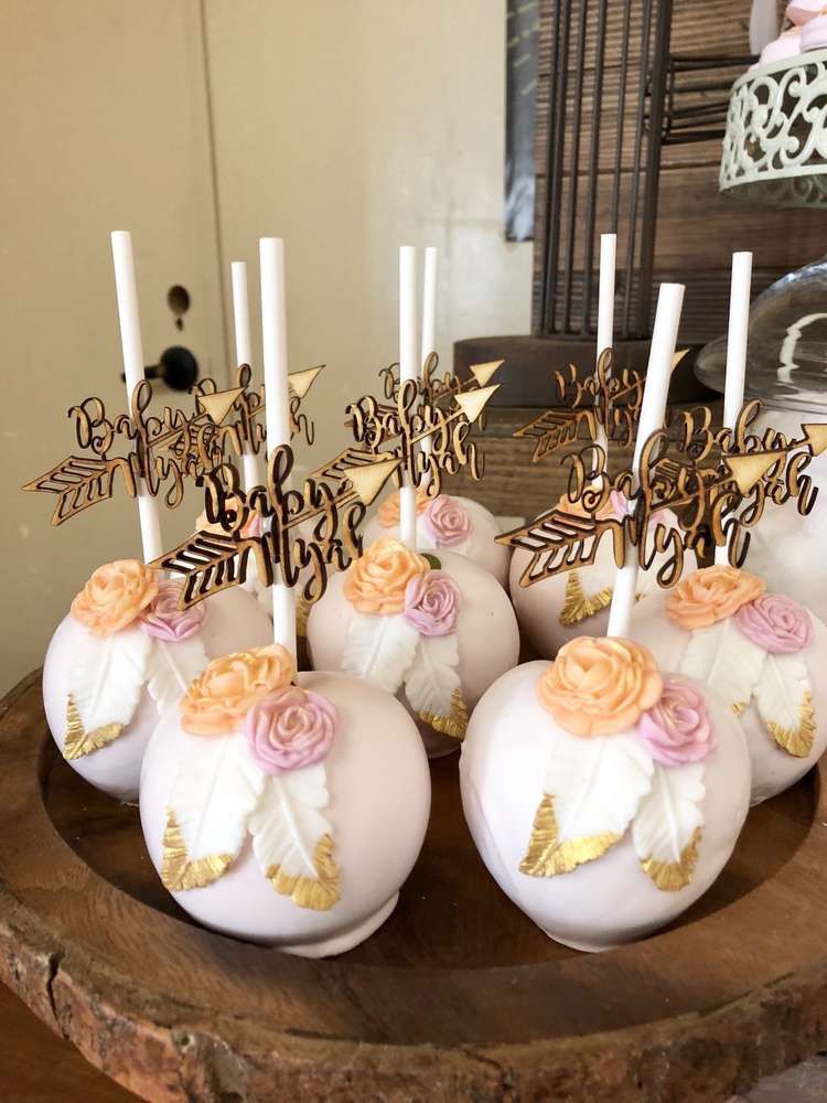 loving the beautifully decorated candy apples at this boho baby shower photo album