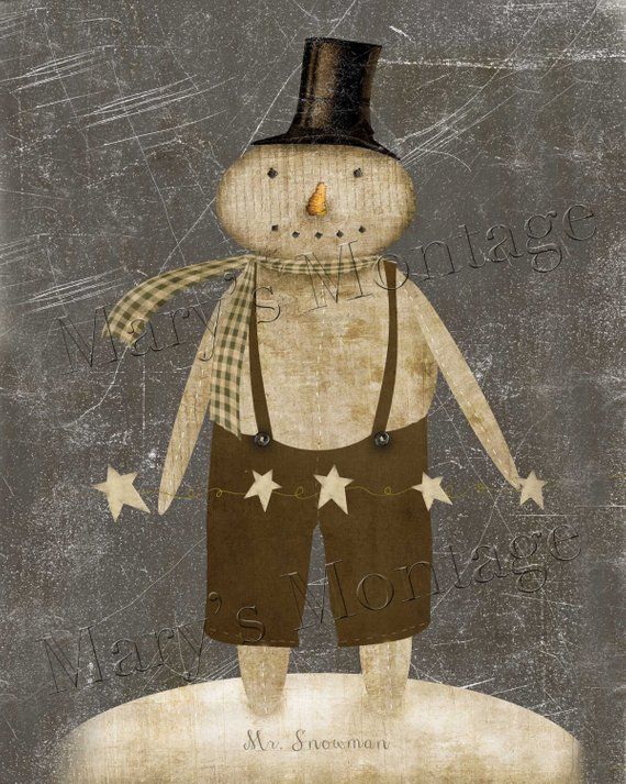 Primitive Distressed Christmas Winter Snowman Let it Snow Folk Art PRINT 8x10