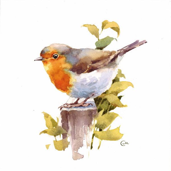 Original Peinture A L Aquarelle Oiseau Mesange Colore Fleurs
