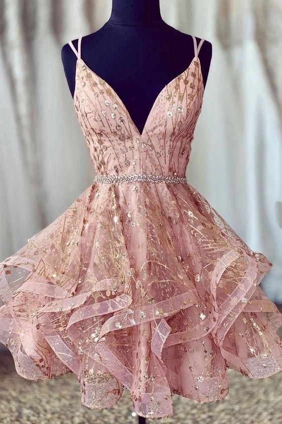 Barato uma linha cintas de espaguete lace up v pescoço rosa vestido homecoming com lantejoulas h1277 Homecoming Dresses Sparkly, Prom Dresses Lace, Sexy Dresses, Formal Dresses, Elegant Dresses, Graduation Dresses, Wedding Dresses, Summer Dresses, Dresses Fancy