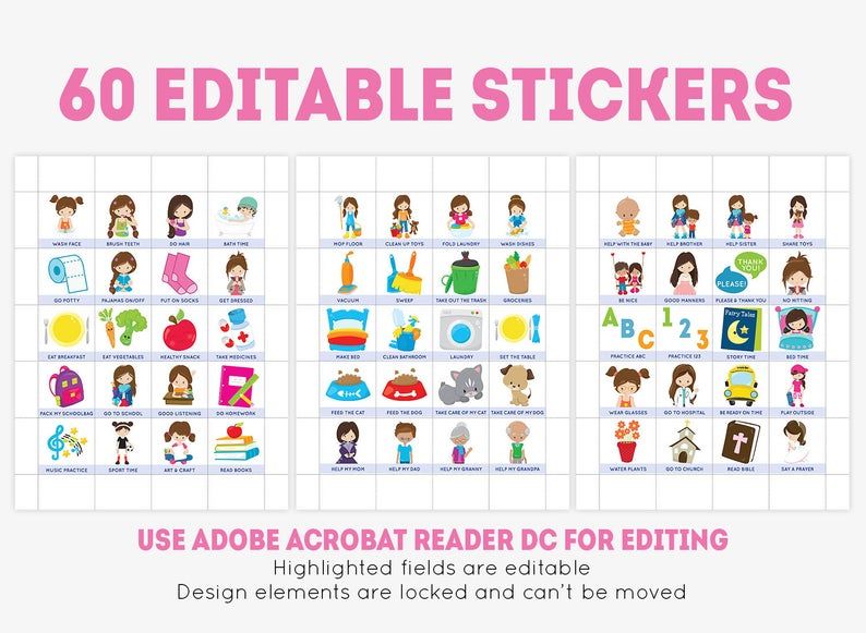 Printable chore chart for girls + 60 editable stickers, daily & school Printable chore chart for girls + 60 editable stickers, daily & school