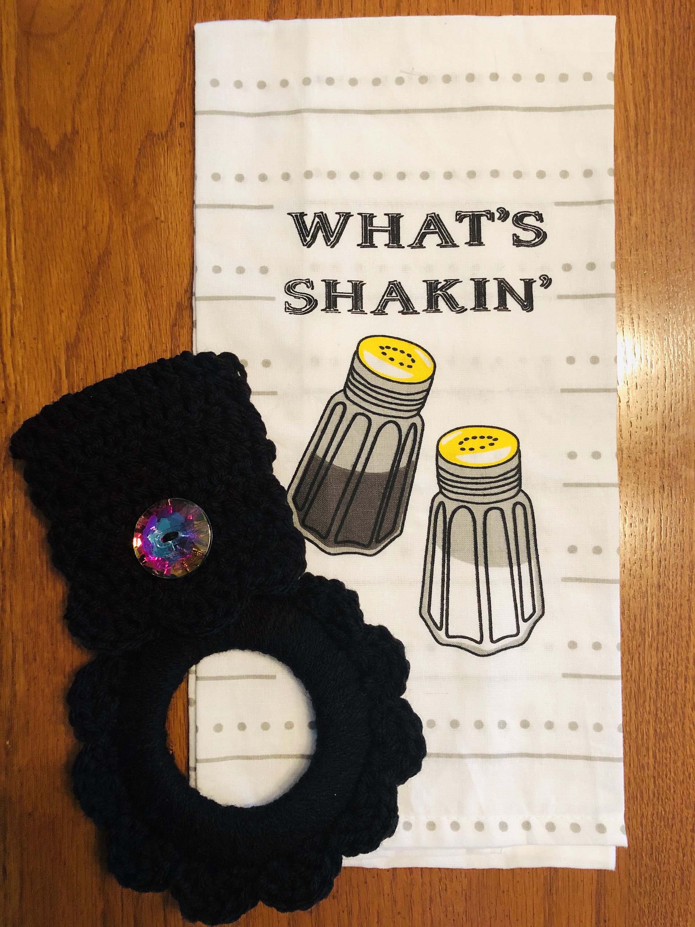 Crochet Kitchen towel ring set black