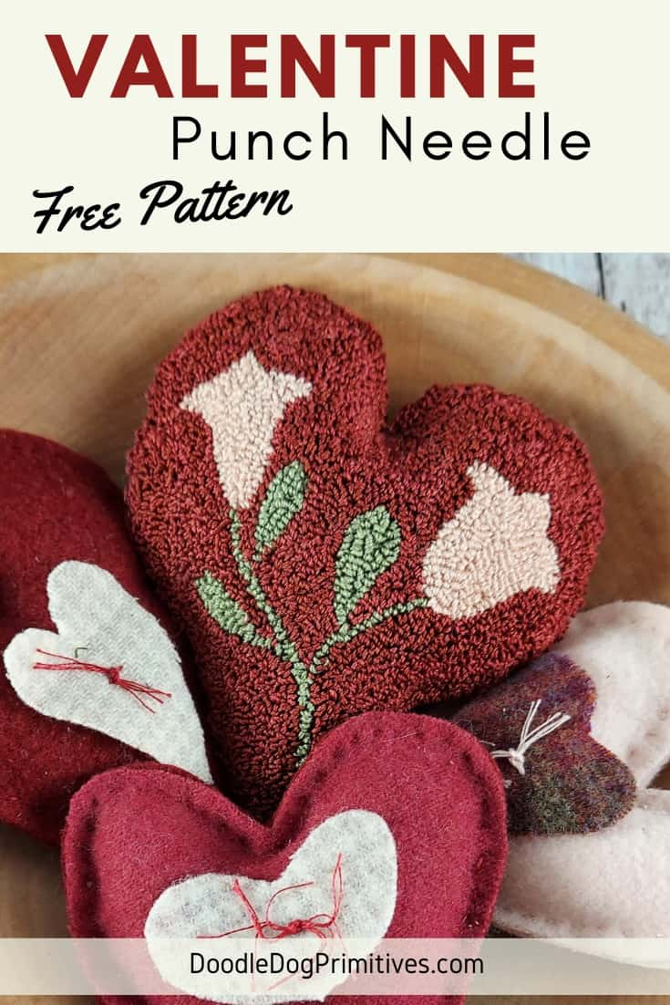 Snag this new free punch needle pattern for a Valentine heart and flower bowl filler | DoodleDogPrimitives.com