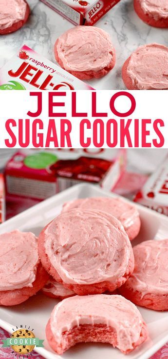 Jello Sugar Cookies are delicious cookies that can be made with any flavor of jello! This sugar cookie recipe is easy to make in any color and the simple buttercream frosting can be flavored to match. These sugar cookies can be rolled and cut out into shapes or just quickly scooped out into balls. #cookies #yummy #jello #recipe FAMILY COOKIE RECIPES #quickcookierecipes