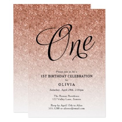 1st birthday rose gold ombre glitter invitation in 2018 script
