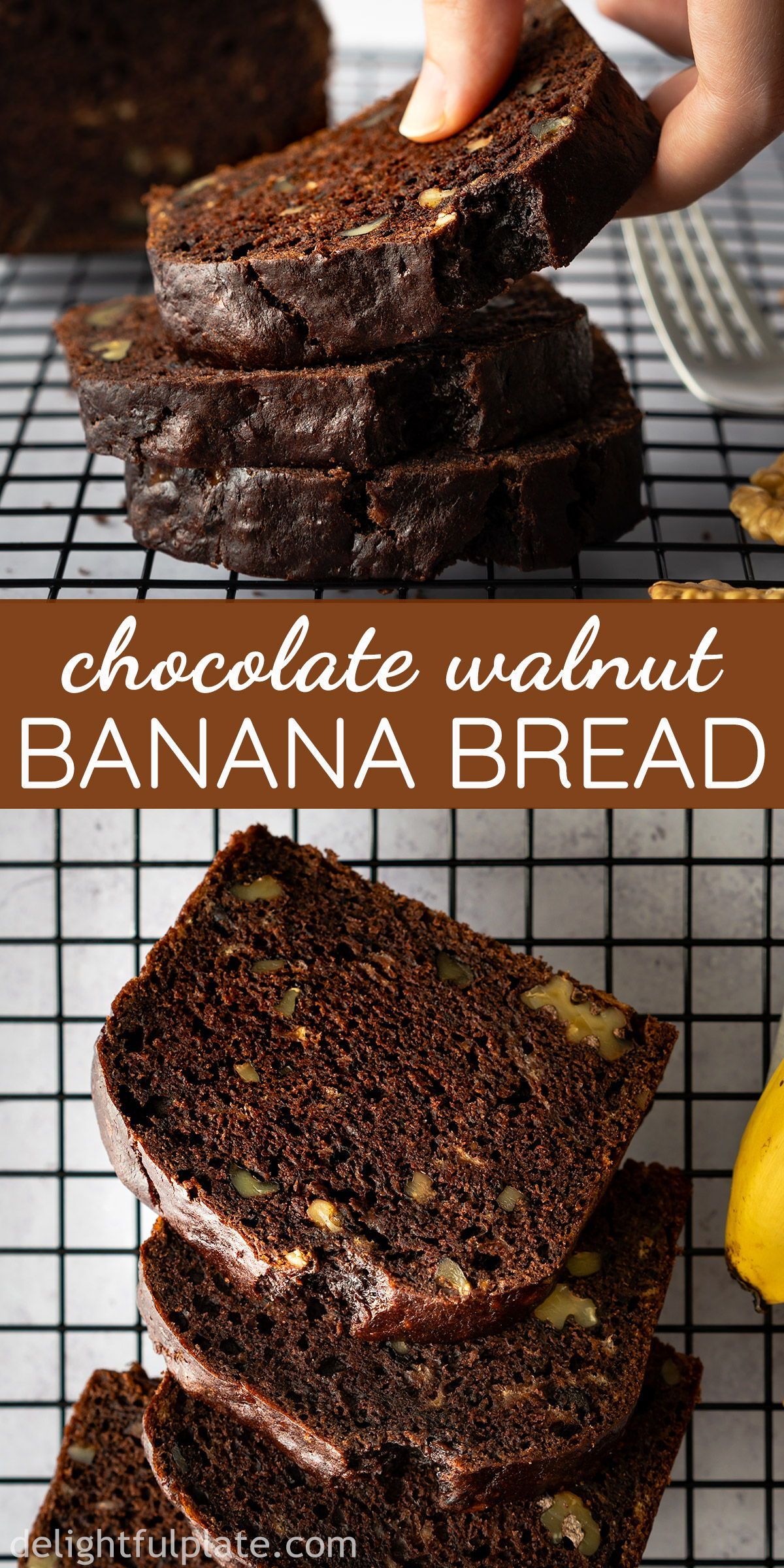 This Chocolate Walnut Banana Bread is so delicious and tender with a chocolatey flavor and wonderful aroma from winter spices. Great as either as breakfast, dessert or mid-day snack. Suitable for every day as well as holidays. #bananabread #bakingrecipes #christmas #holidaybaking #NutritionForGoodHealth Easy Chocolate Desserts, Chocolate Banana Bread, Chocolate Recipes, Just Desserts, Dessert Recipes, Chocolate Cake, Dessert Dishes, Banana Bread With Walnuts, Chocolate Chips