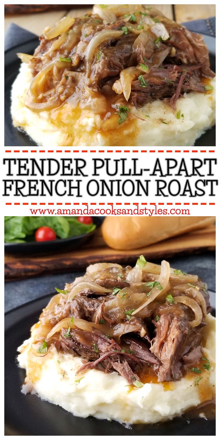 Nov 9, 2020 - French Onion Pot Roast - Tender pot roast recipe cooked to pull-apart perfection in a slow cooker layered with onions in a savory sauce. Roast Beef Recipes, Beef Recipes For Dinner, Instant Pot Dinner Recipes, Beef Dinner, Crockpot Dinner, Meat Recipes, Slow Cooker Recipes, Chicken Recipes, Recipe For Roast